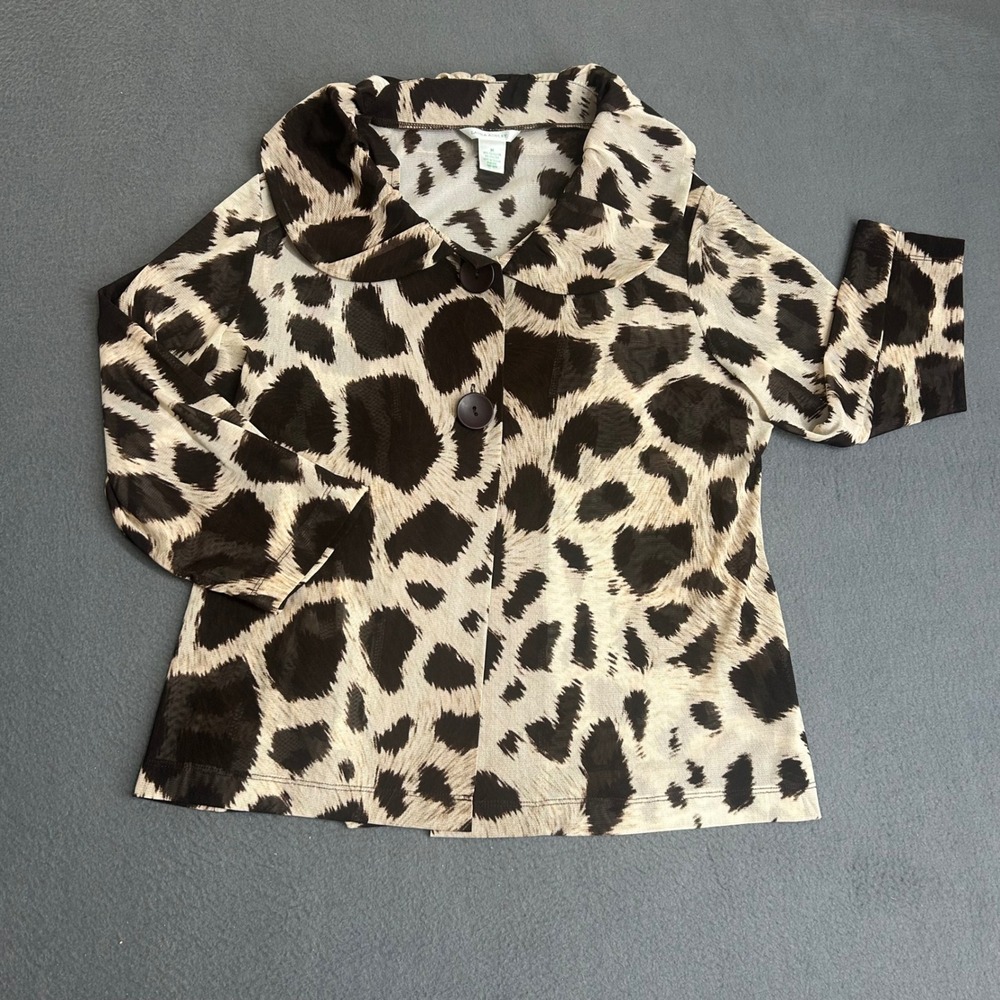 Laura Ashley Cardigan Women M Brown Leopard Print Mesh Ruffle Collar 3/4 Sleeve